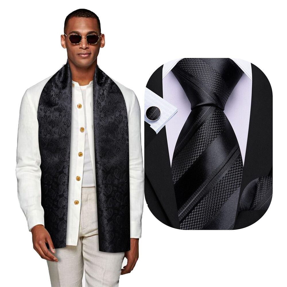8812 Black Scarf and Tie Striped Silk Necktie Pocket Square Cufflinks Set
